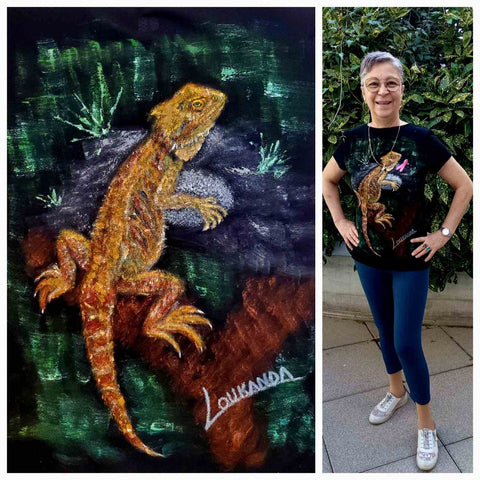 Peinture d'un dragon barbue sur un T-shirt "Guizmo"